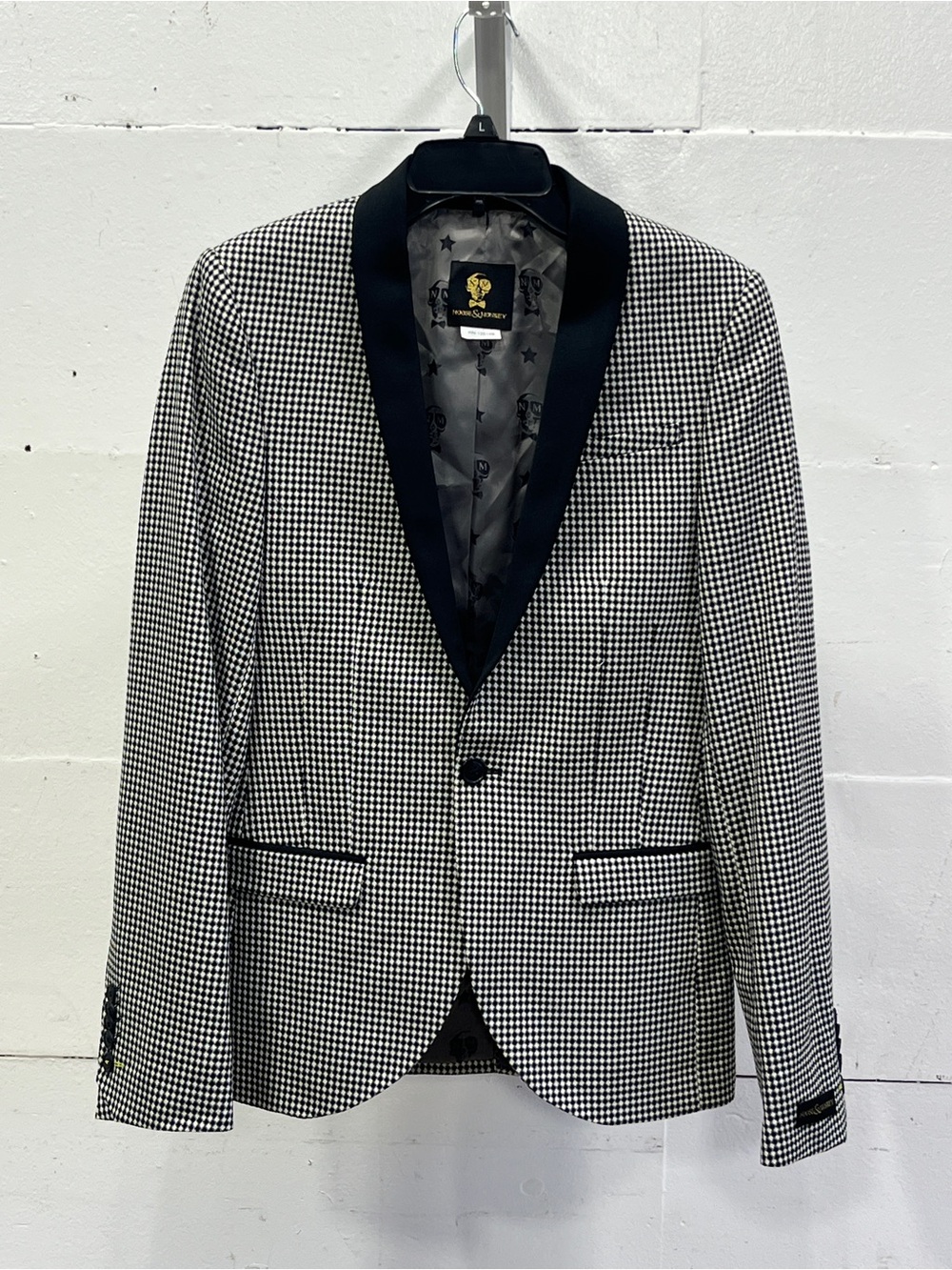 Noose & Monkey Black & White Houndstooth Tuxedo Blazer with Black Satin Lapel